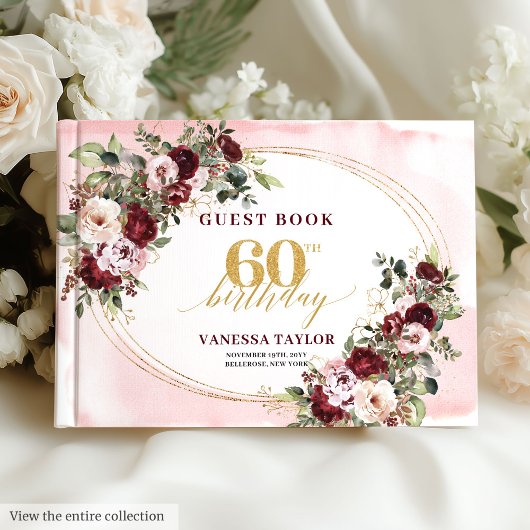 Modern Boho Burgundy Blush Floral 60th Guest Book Gastenboek