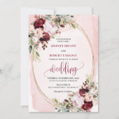 Modern Boho Burgundy Blush Gold Floral Invitation Kaart (Voorkant)