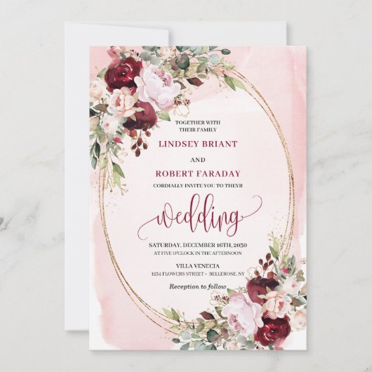 Modern Boho Burgundy Blush Gold Floral Invitation Kaart (Voorkant)