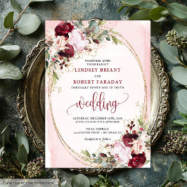 Modern Boho Burgundy Blush Gold Floral Invitation Kaart