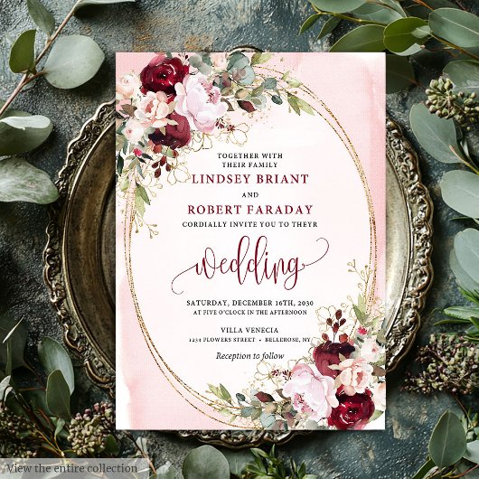 Modern Boho Burgundy Blush Gold Floral Invitation Kaart