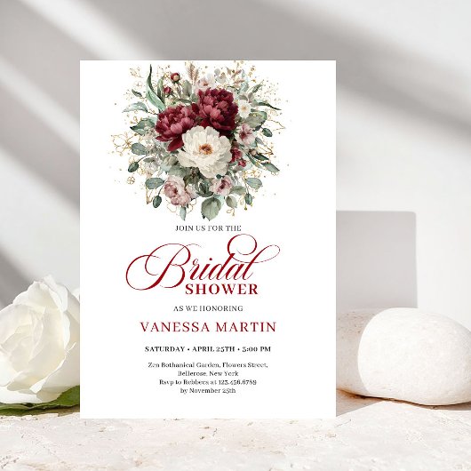 Modern Boho Burgundy Eucalyptus Gold Bridal Shower Kaart