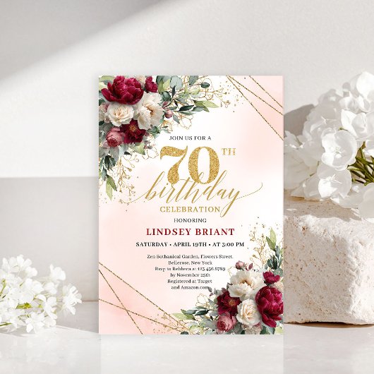 Modern Boho Burgundy Floral 70 Years Young Invite Kaart