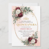 Modern Boho Burgundy Floral Quinceañera Invitation Kaart (Voorkant)