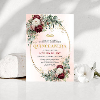 Modern Boho Burgundy Floral Quinceañera Invitation Kaart
