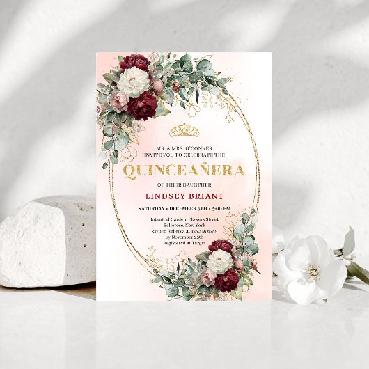 Modern Boho Burgundy Floral Quinceañera Invitation Kaart