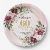 Modern Boho Burgundy Greenery Gold 60th Birthday Papieren Bordje (Voorkant)