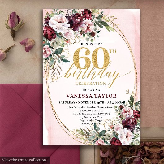 Modern Boho Burgundy Roses 60th Birthday Invite Kaart