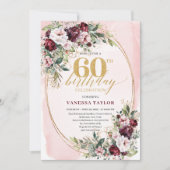 Modern Boho Burgundy Roses 60th Birthday Invite Kaart (Voorkant)