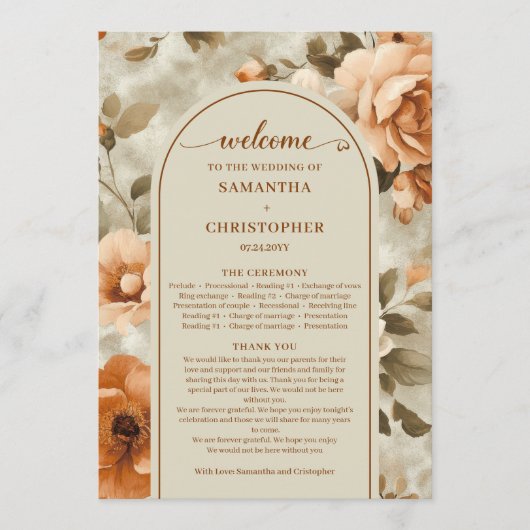 Modern Boho Burnt Orange Beige Sage Wedding Day Programmakaart (Voorkant)