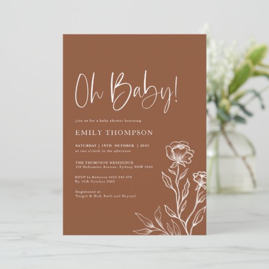 Modern Boho Burnt Oranje Terracotta Baby shower Kaart (Staand voorkant)