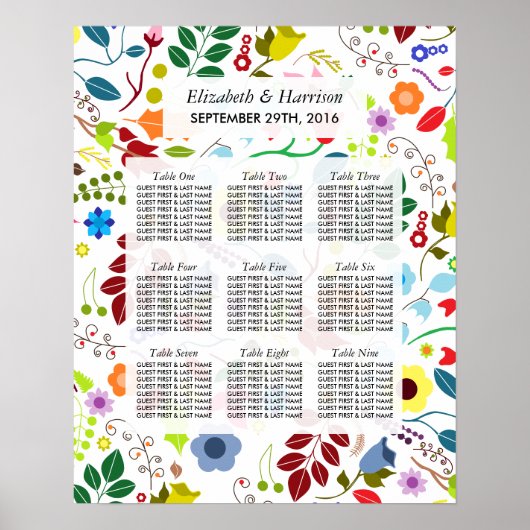 Modern Boho Chic Floral Wedding Seating Chart Poster (Voorkant)