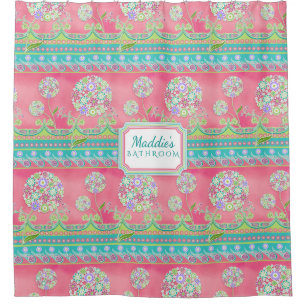 Modern BOHO Chic Hot Pink Dandelion Floral Teen Douchegordijn