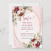 Modern Boho Deep Red Blush Gold Floral Save Date Kaart (Voorkant)