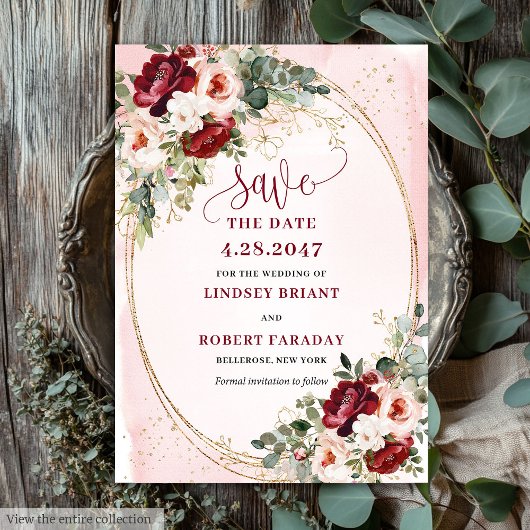 Modern Boho Deep Red Blush Gold Floral Save Date Kaart