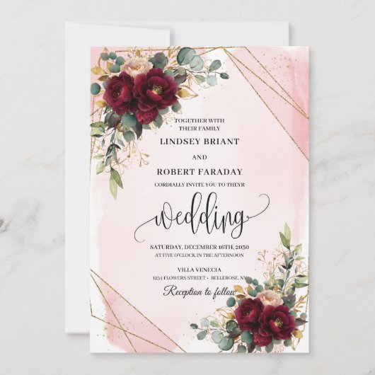 Modern Boho Deep Red Blush Gold Rozen Chic Wedding Kaart (Voorkant)