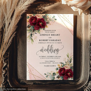 Modern Boho Deep Red Blush Gold Rozen Chic Wedding Kaart