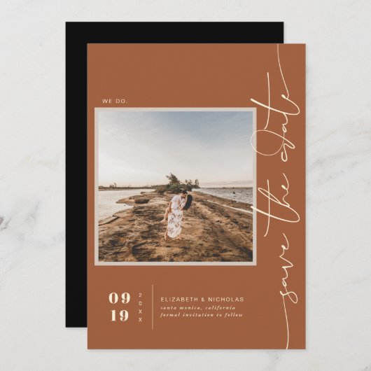 Modern Boho Desert | Vierkante foto slaat de datum Save The Date (Voorkant / Achterkant)