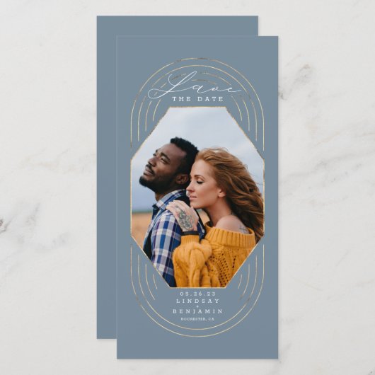 Modern Boho Dusty blauw & goud Save The Date Foto (Voorkant / Achterkant)