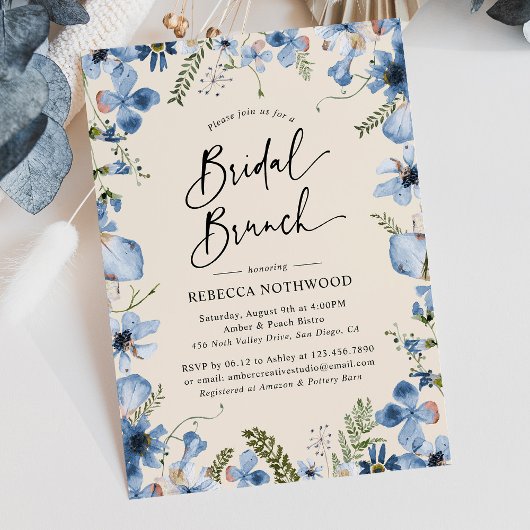 Modern Boho Dusty Blue Floral Brunch Shower Kaart