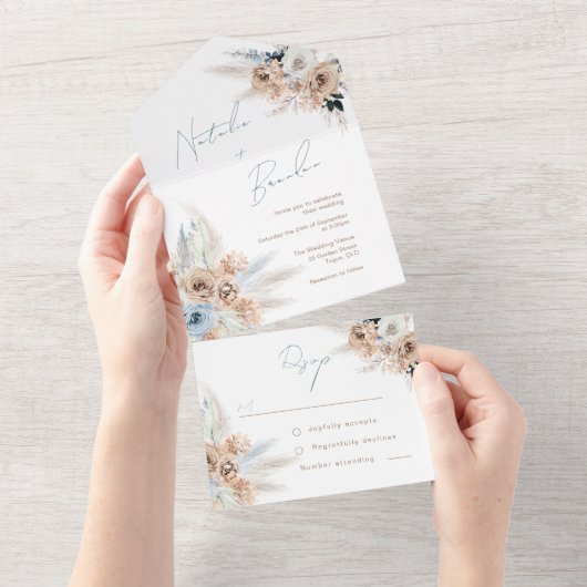Modern Boho Dusty Blue Script Wedding All In One Uitnodiging (Afscheurbaar)