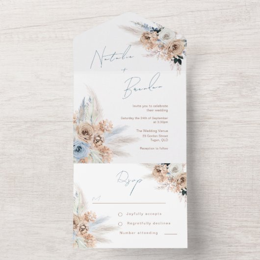 Modern Boho Dusty Blue Script Wedding All In One Uitnodiging (Binnen)