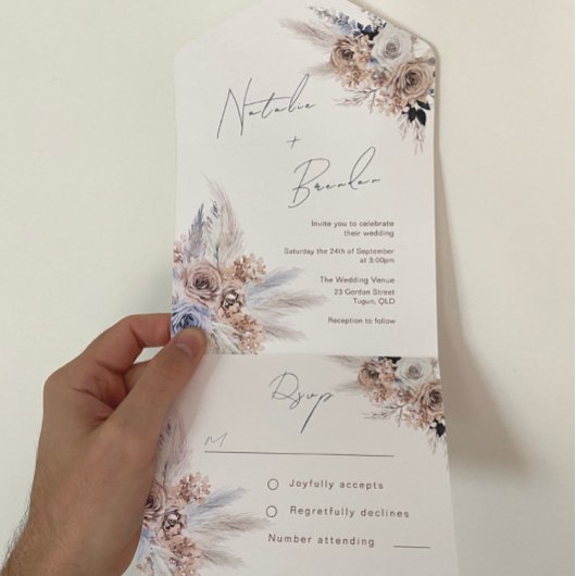 Modern Boho Dusty Blue Script Wedding All In One Uitnodiging