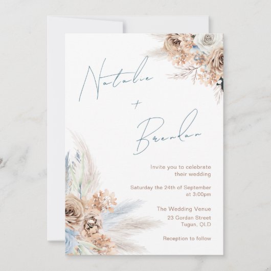Modern Boho Dusty Blue Script Wedding Kaart (Voorkant)