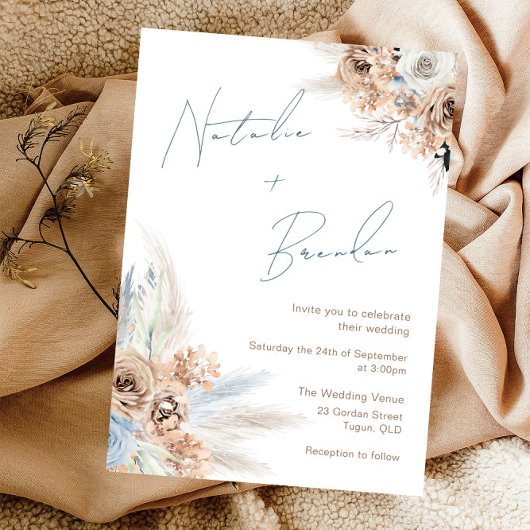 Modern Boho Dusty Blue Script Wedding Kaart
