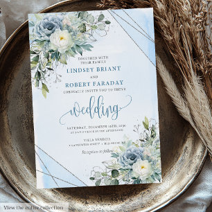 Modern Boho Dusty Blue Silver Rozen bruiloft Uitno Kaart