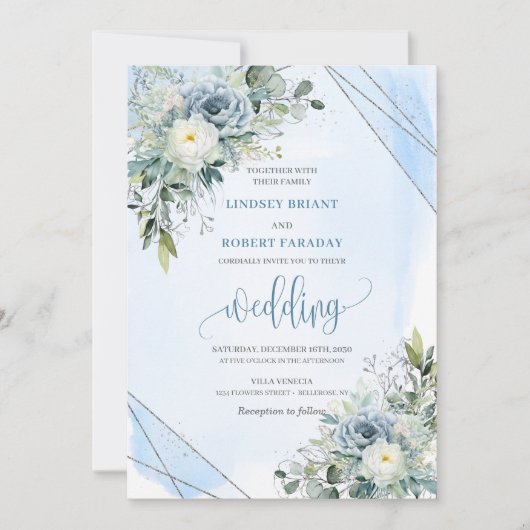 Modern Boho Dusty Blue Silver Rozen bruiloft Uitno Kaart (Voorkant)