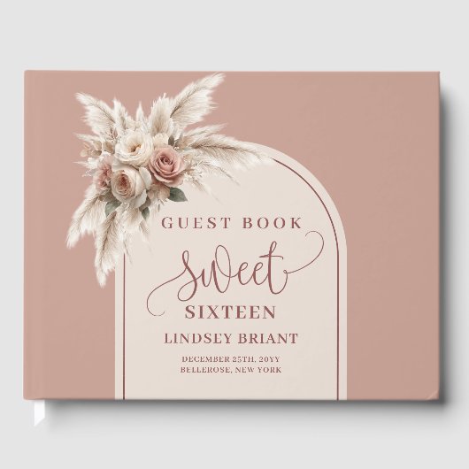Modern Boho Dusty Pink Pampas Floral Sweet 16th Gastenboek (Voorkant)