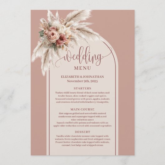 Modern Boho Dusty Pink Pampas Floral Wedding Menu (Voorkant)