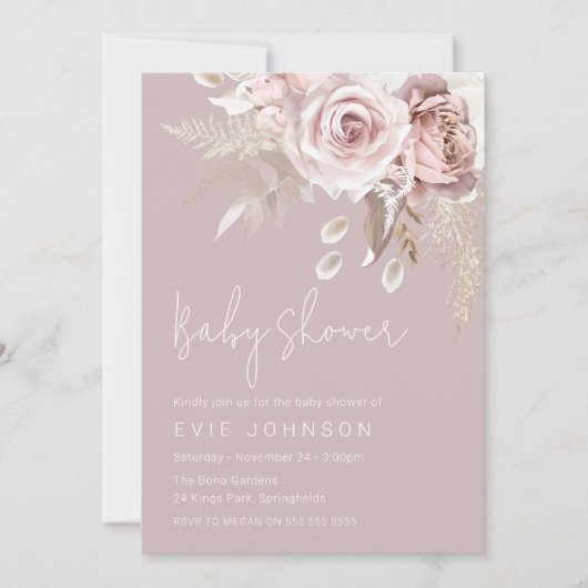 Modern Boho Dusty Roos Baby shower Kaart (Voorkant)