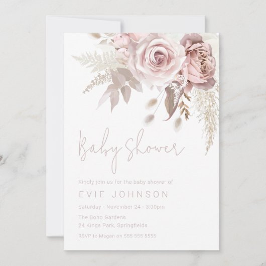 Modern Boho Dusty Roos & Blush Bloemen Baby shower Kaart (Voorkant)