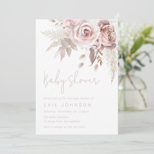 Modern Boho Dusty Roos & Blush Bloemen Baby shower Kaart (Staand voorkant)