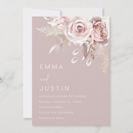Modern Boho Dusty Roos Blush Bloemen Bruiloft Kaart (Voorkant)