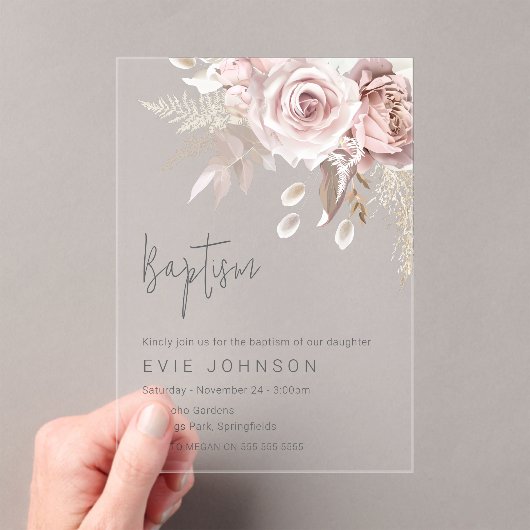 Modern Boho Dusty Roos & Blush Bloemen Doop Acryl Uitnodigingen (Insitu (Draagbaar))