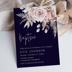Modern Boho Dusty Roos & Navy Baptism Kaart