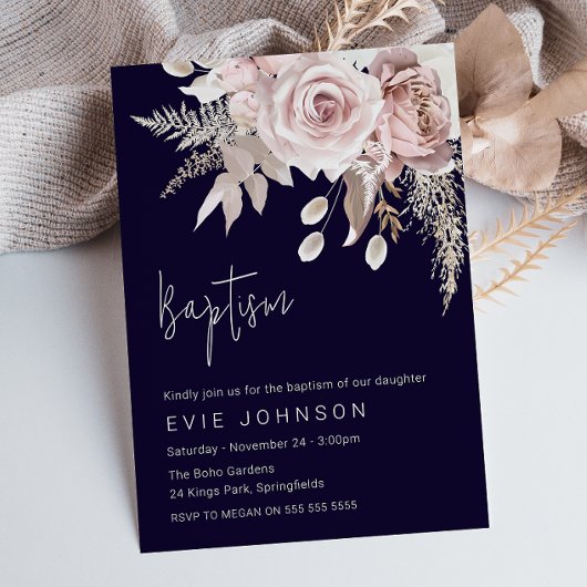 Modern Boho Dusty Roos & Navy Baptism Kaart