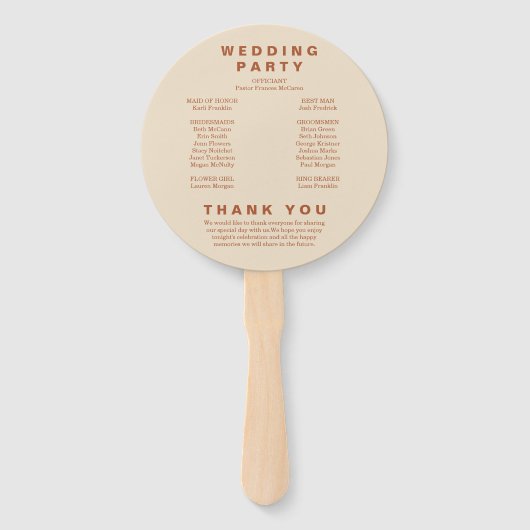 Modern Boho Earth Tone Circle Wedding Program Hand Handwaaier (Achterkant)