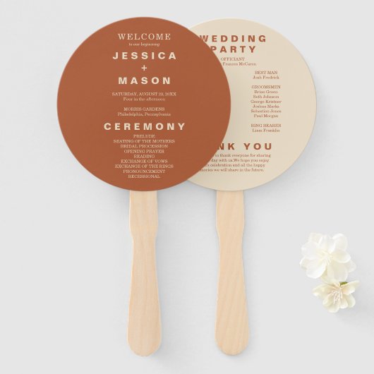 Modern Boho Earth Tone Circle Wedding Program Hand Handwaaier (Voorkant en achterkant)