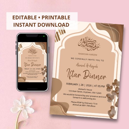 Modern Boho Earth Tone Islamic Arch Iftar Kaart