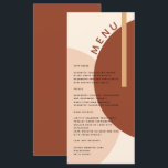 Modern Boho Earth-toned Abstracte Circles Wedding Menu<br><div class="desc">Een modern en elegant trouwmenu dat een boho 70s rustige vibe met zijn abstracte cirkel en rechthoek vormt patroon in monochromatische aardtinten van terracotta,  verbrand sinaasappel en beige. Pas het trouwmenu aan.</div>