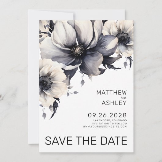 Modern Boho Elegant Zwart Wit Bloemen Bruiloft Save The Date (Voorkant)