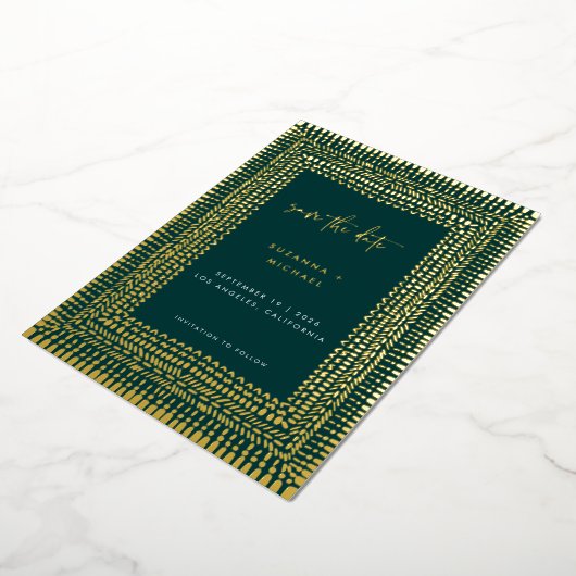 Modern Boho Emerald Green Lijst Wedding Save Date Folie Uitnodiging (Gedraaid)