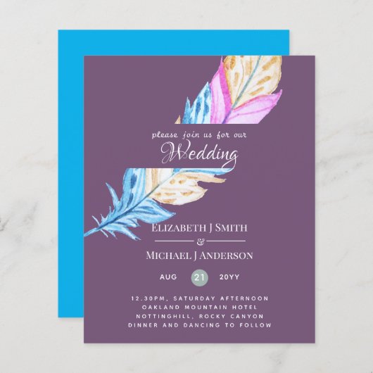 Modern Boho Feather Colorful Budget Wedding Invite (Voorkant / Achterkant)