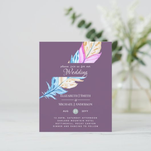 Modern Boho Feather Colorful Budget Wedding Invite (Staand voorkant)