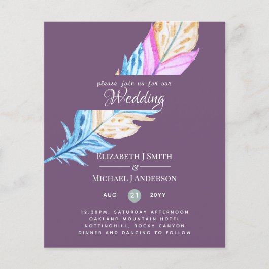 Modern Boho Feather Colorful Budget Wedding Invite (Voorkant)