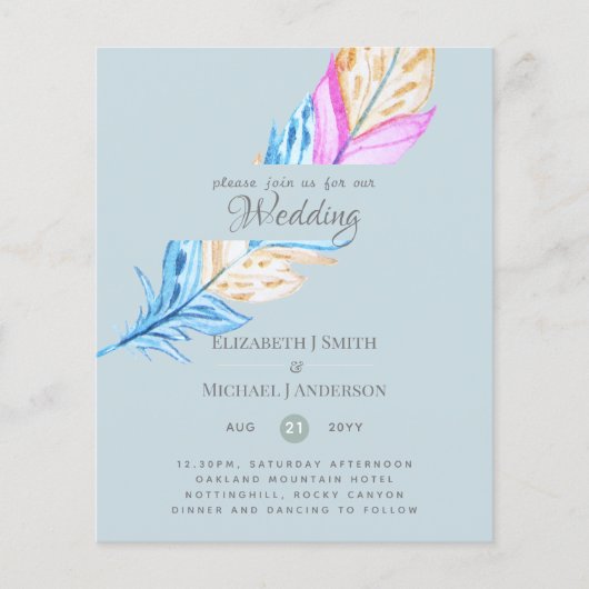 Modern Boho Feather Colorful Budget Wedding Invite (Voorkant)